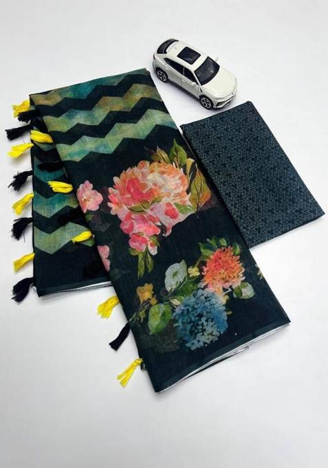 Black Printed Linen Saree Set