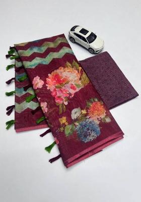 Maroon Printed Linen Saree Set