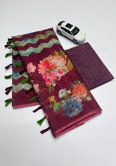 Maroon Printed Linen Saree Set