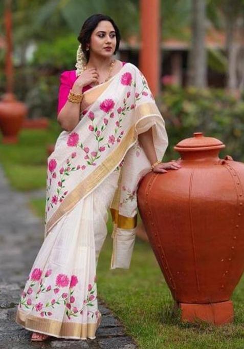 White Printed Linen Saree Set