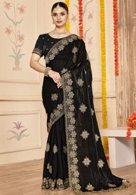 Black Embroidered Silk Saree Set
