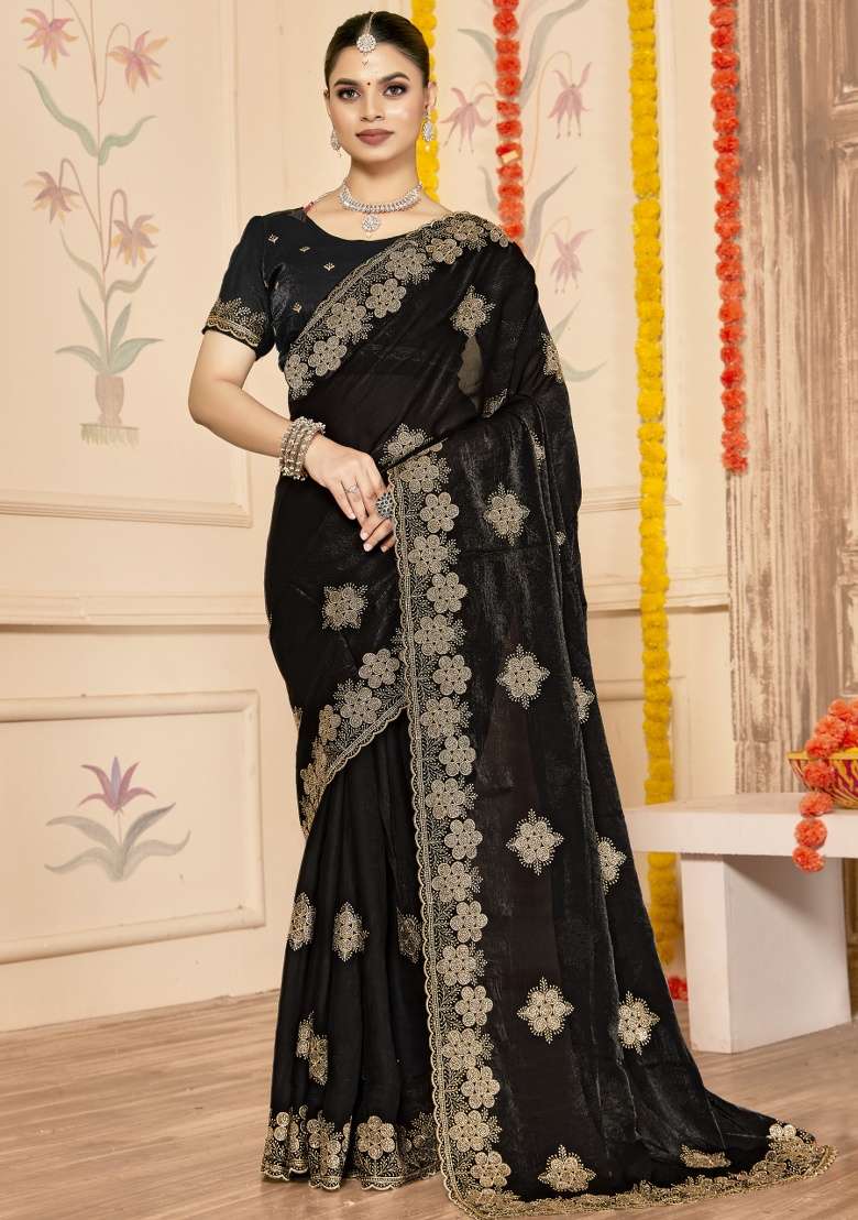 Black Silk Blend Saree Set with Embroidered for Diwali | Wedding & Festive Wear - Indya