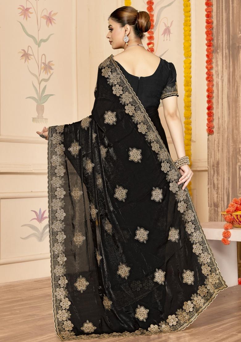 Black Embroidered Silk Saree Set - Indya