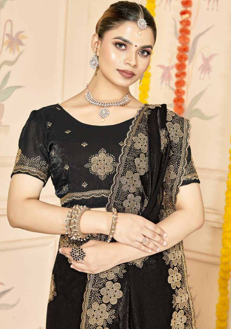 Black Silk Blend Saree Set with Embroidered for Diwali | Wedding & Festive Wear - Indya
