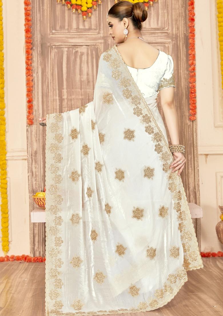 White Embroidered Silk Saree Set - Indya