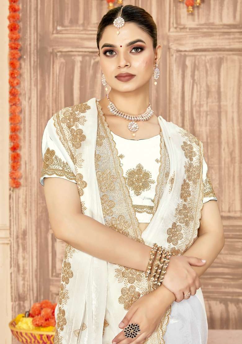 White Silk Blend Saree Set with Embroidered for Diwali | Wedding & Festive Wear - Indya