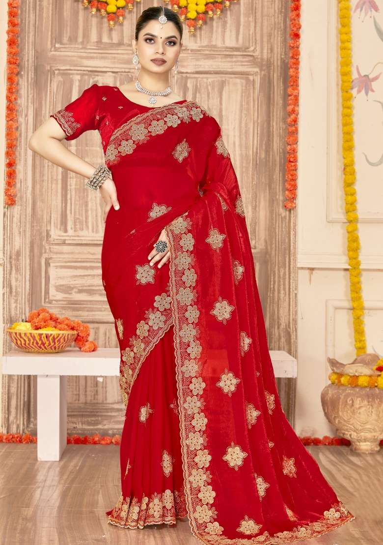 Red Silk Blend Saree Set with Embroidered for Diwali | Wedding & Festive Wear - Indya