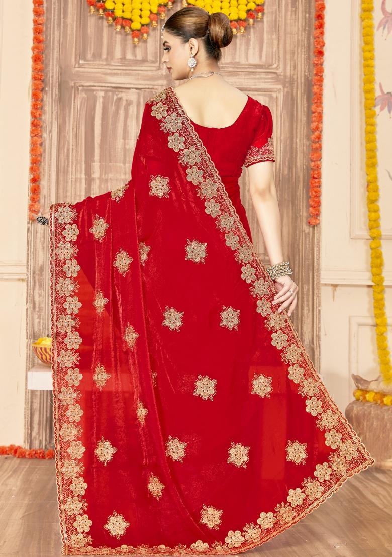 Red Embroidered Silk Saree Set - Indya