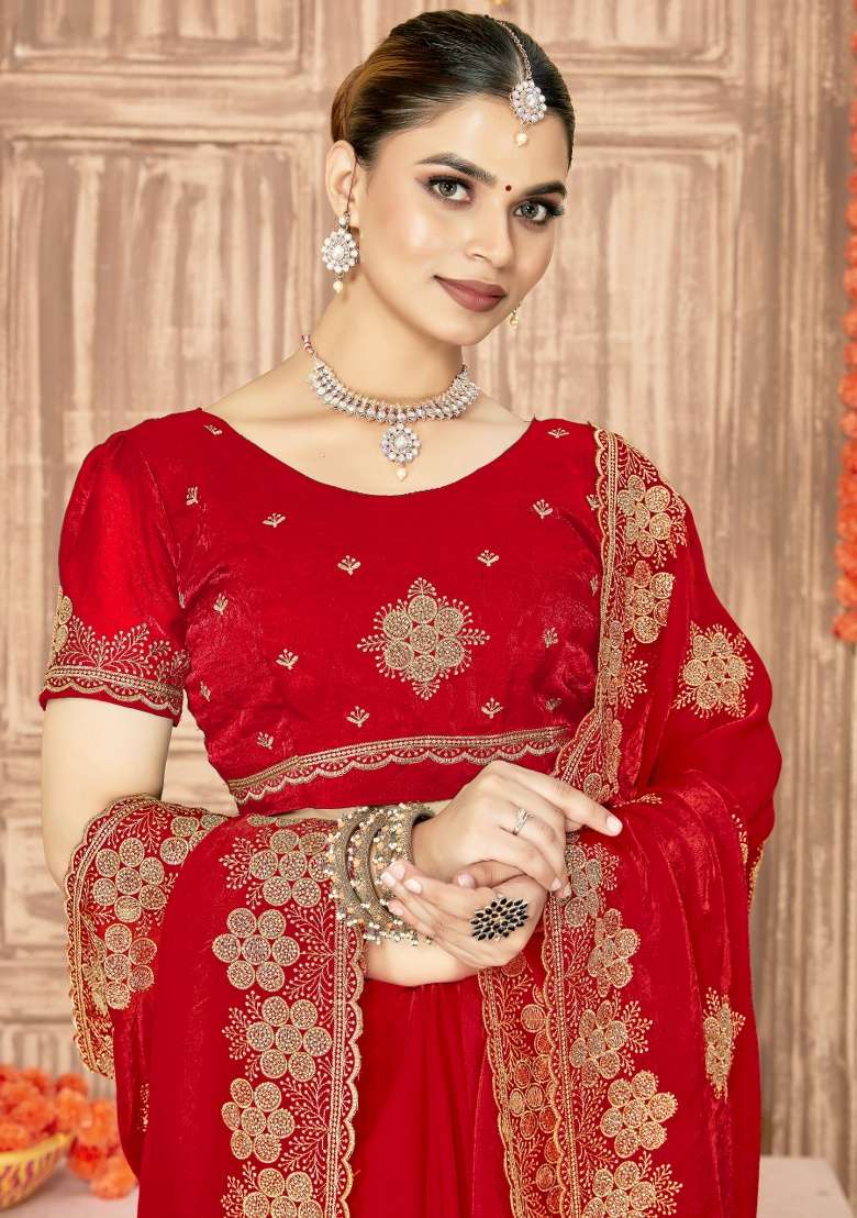 Red Silk Blend Saree Set with Embroidered for Diwali | Wedding & Festive Wear - Indya
