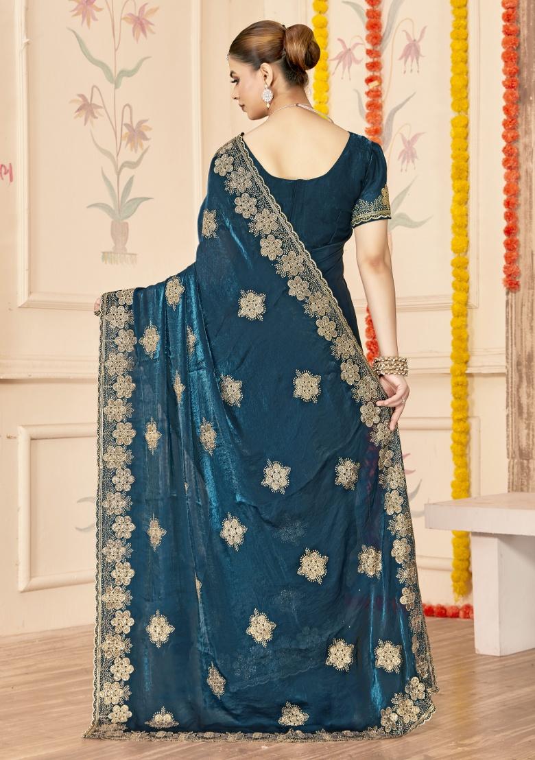 Blue Embroidered Silk Saree Set - Indya