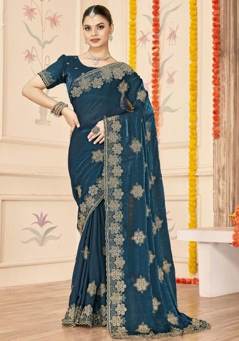 Blue Embroidered Silk Saree Set