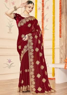 Maroon Embroidered Silk Saree Set