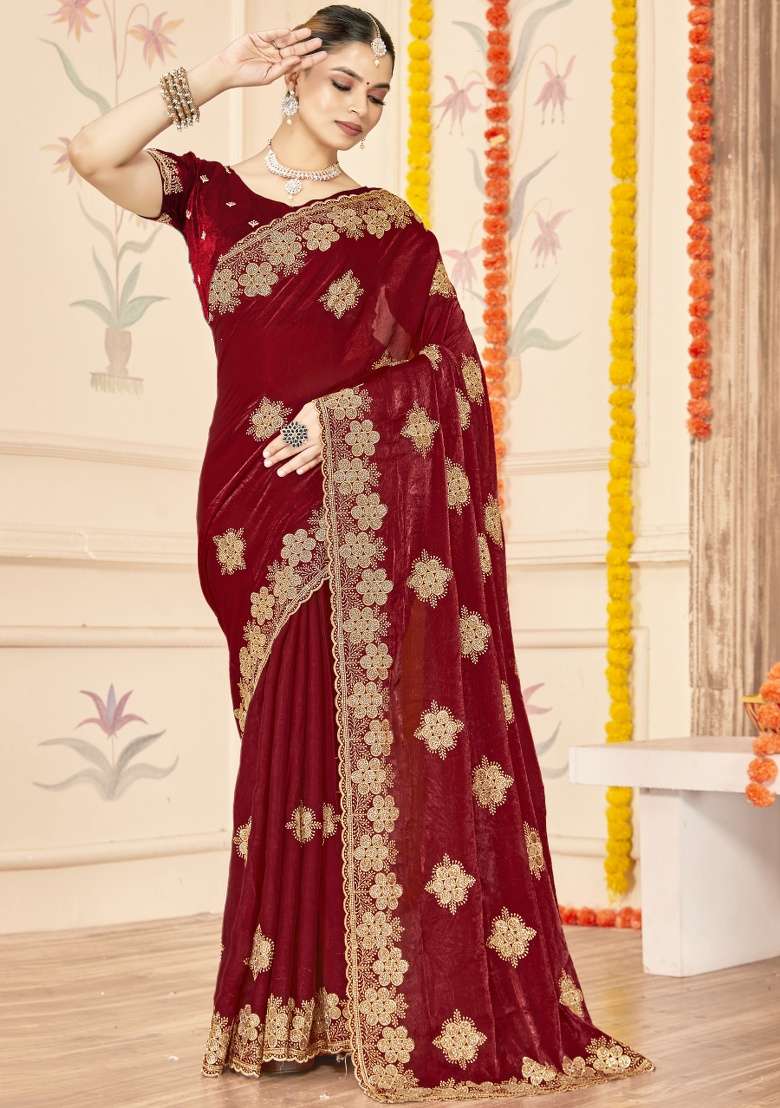 Maroon Silk Blend Saree Set with Embroidered for Diwali | Wedding & Festive Wear - Indya