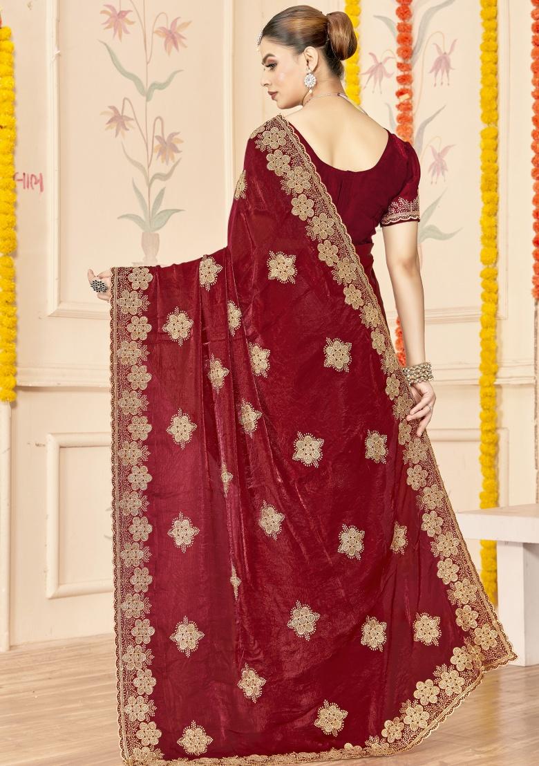 Maroon Embroidered Silk Saree Set - Indya