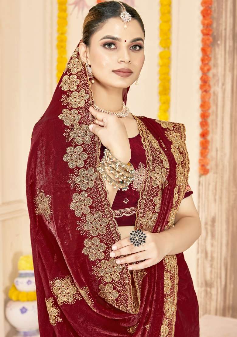 Maroon Silk Blend Saree Set with Embroidered for Diwali | Wedding & Festive Wear - Indya