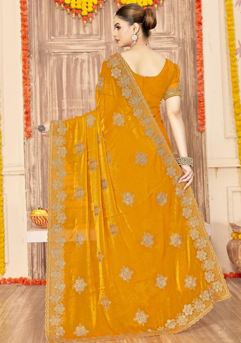 Mustard Embroidered Silk Saree Set - Indya