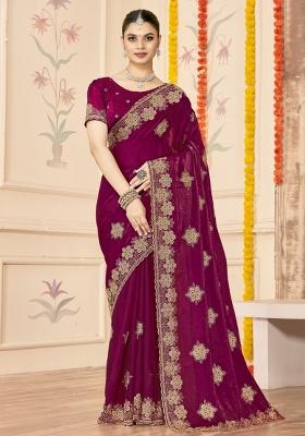 Wine Embroidered Silk Saree Set