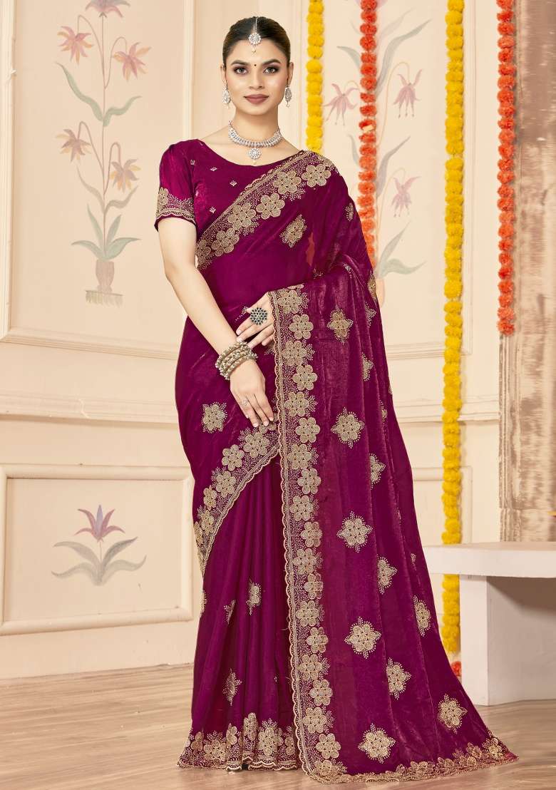 Wine Embroidered Silk Blend Saree Set for Diwali and Festive Wear - Indya