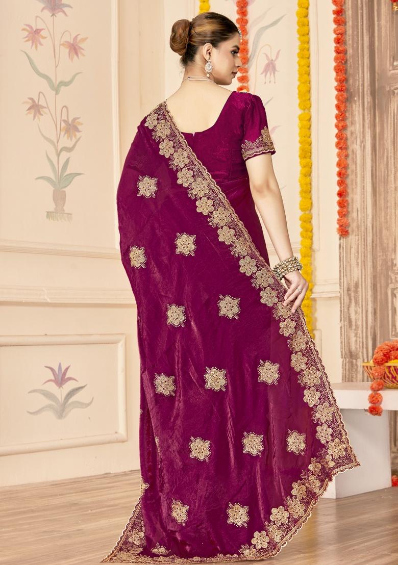 Wine Embroidered Silk Saree Set - Indya