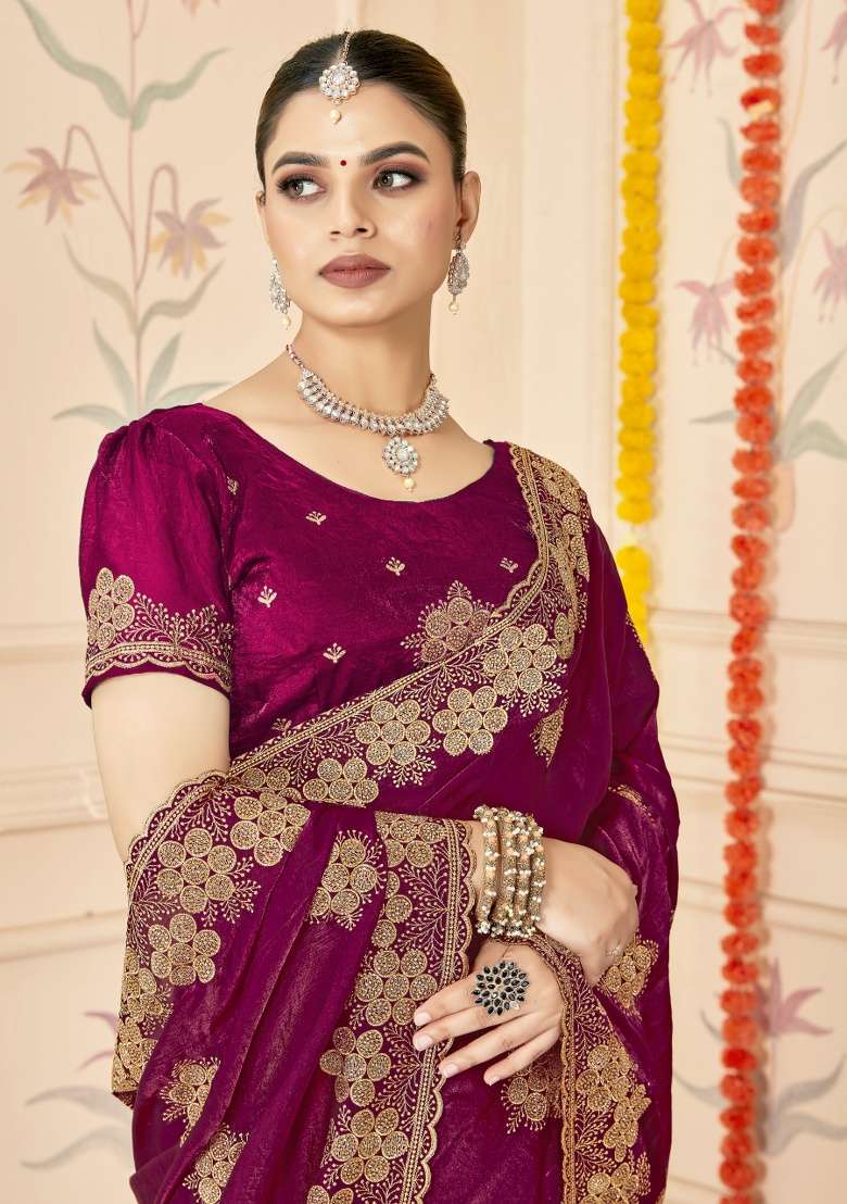 Wine Embroidered Silk Blend Saree Set for Diwali and Festive Wear - Indya
