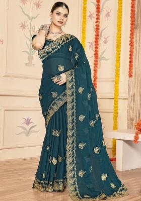 Blue Embroidered Silk Saree Set