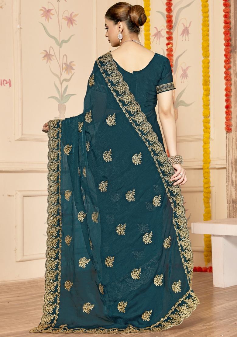 Blue Embroidered Silk Saree Set - Indya