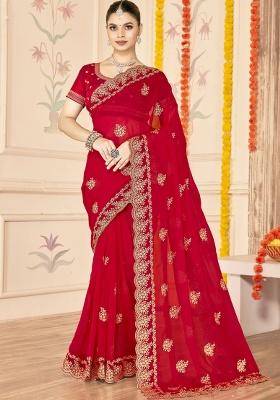 Red Embroidered Silk Saree Set