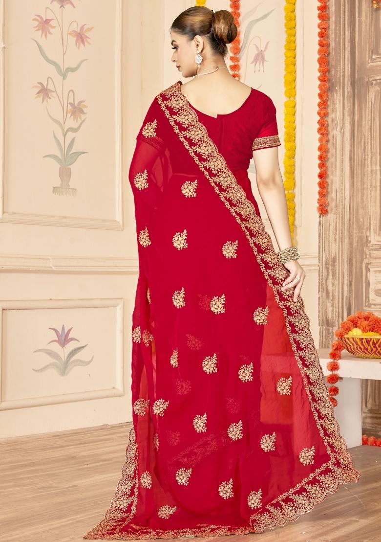 Red Embroidered Silk Saree Set - Indya