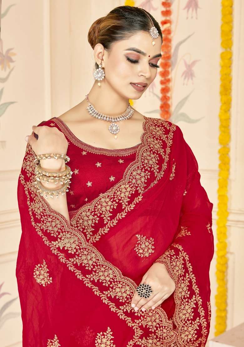 Red Embroidered Silk Blend Saree Set for Diwali and Festive Wear - Indya