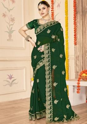 Botel Green Embroidered Silk Saree Set