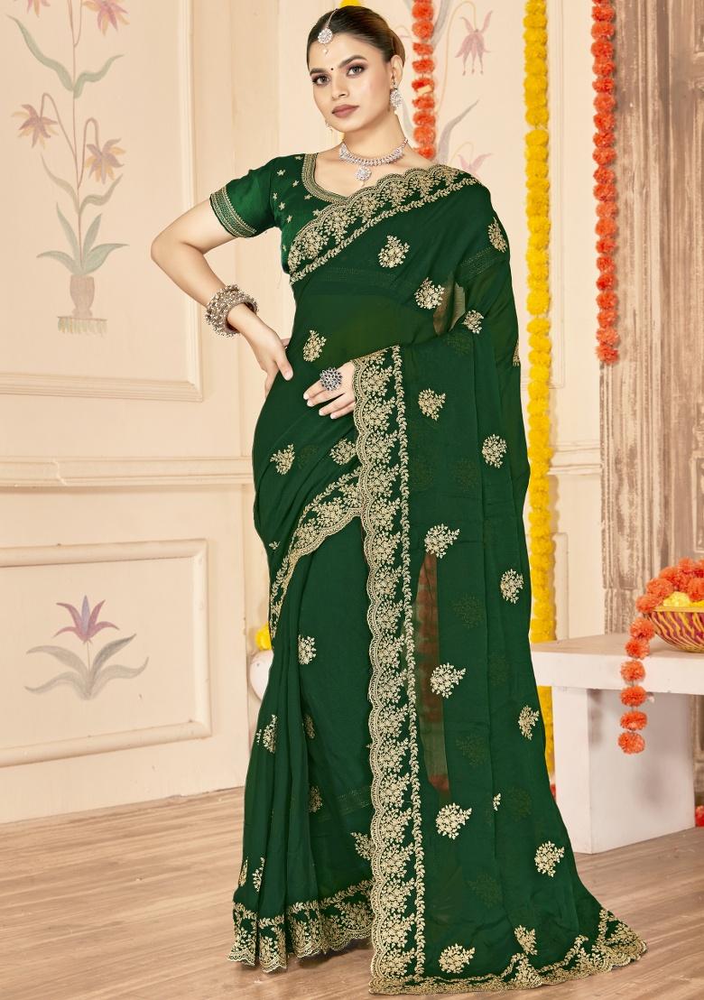 Botel Green Embroidered Silk Saree Set - Indya
