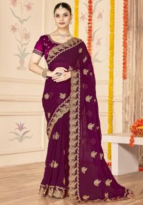 Wine Embroidered Silk Saree Set