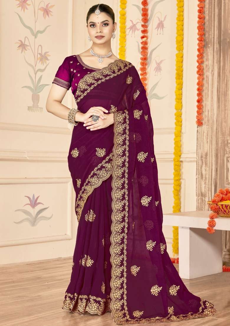 Wine Embroidered Silk Blend Saree Set for Diwali and Festive Wear - Indya