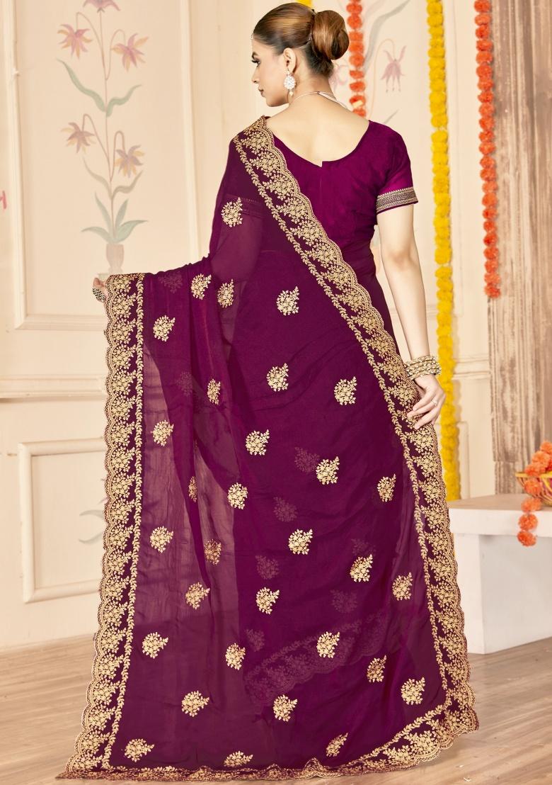 Wine Embroidered Silk Saree Set - Indya