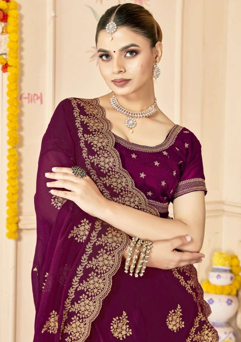 Wine Embroidered Silk Blend Saree Set for Diwali and Festive Wear - Indya