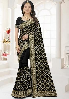 Black Embroidered Silk Saree Set