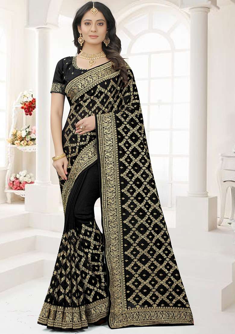 Black Silk Blend Saree Set with Embroidered for Diwali | Wedding & Festive Wear - Indya