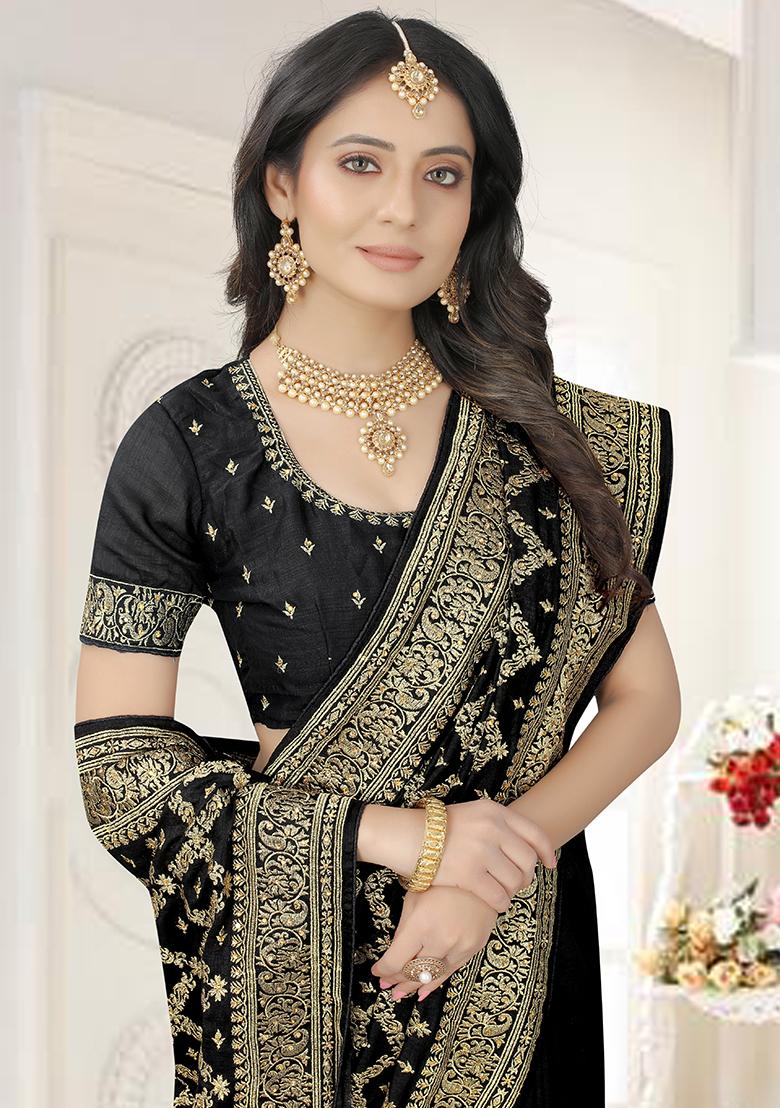 Black Embroidered Silk Saree Set - Indya