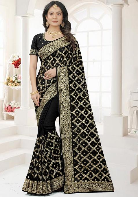 Black Embroidered Silk Saree Set