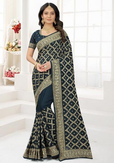 Blue Embroidered Silk Saree Set