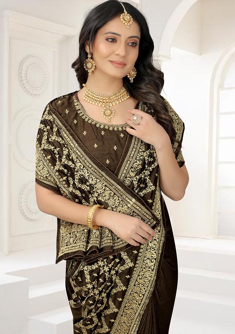 Mehandi Embroidered Silk Saree Set