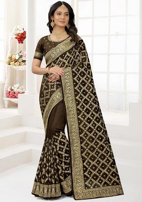 Mehandi Embroidered Silk Saree Set