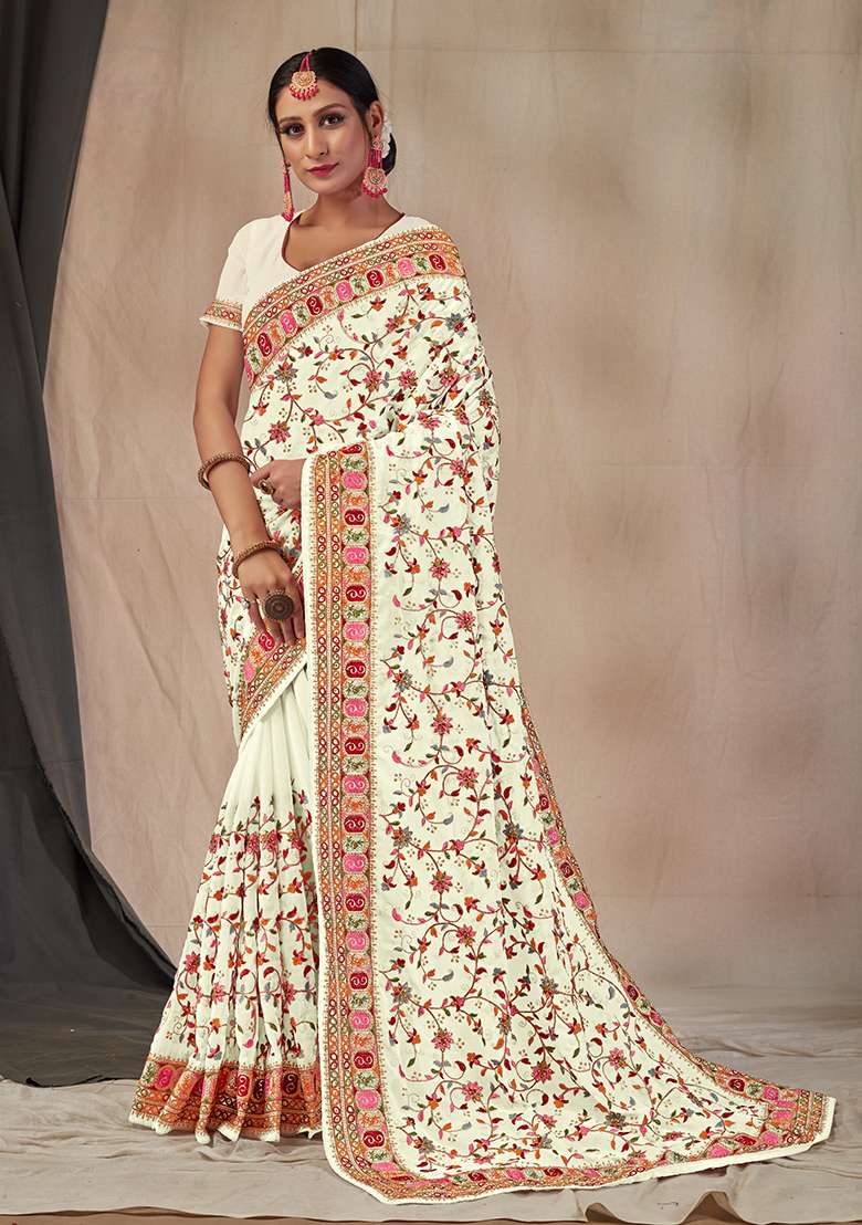 White Embroidered Georgette Saree Set for Diwali and Festive Wear - Indya