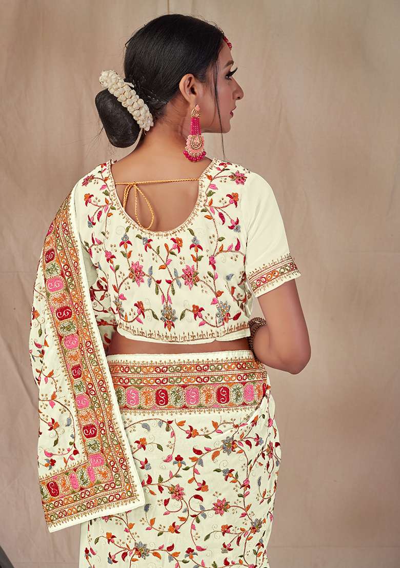 White Embroidered Georgette Saree Set for Diwali and Festive Wear - Indya