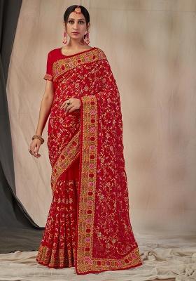 Red Embroidered Georgette Saree Set