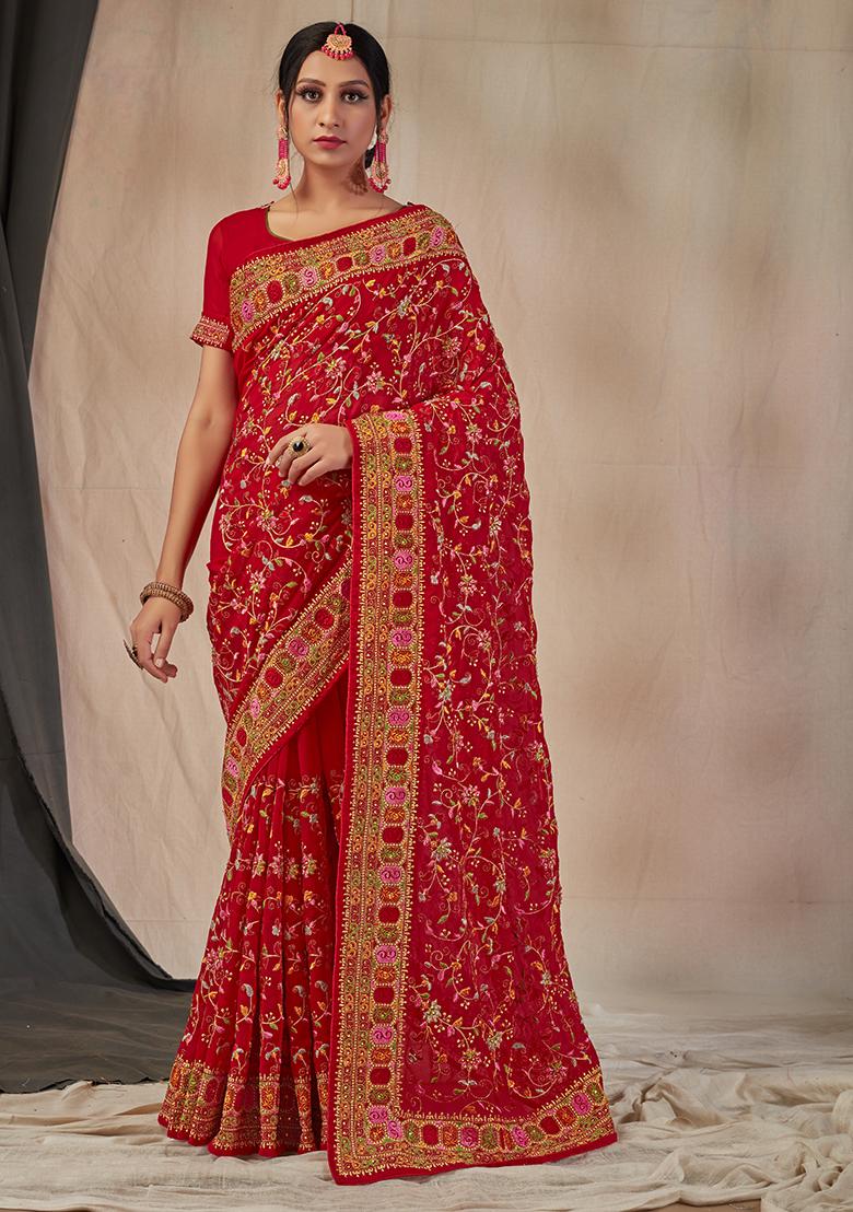 Red Embroidered Georgette Saree Set