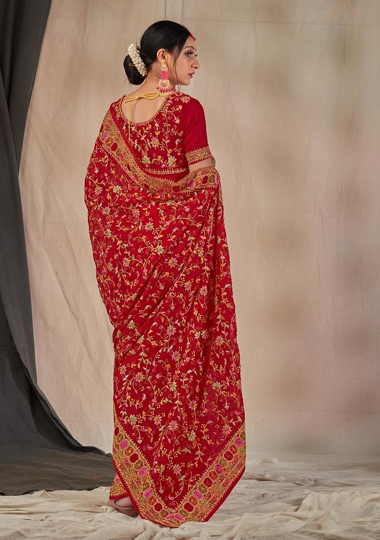 Red Embroidered Georgette Saree Set