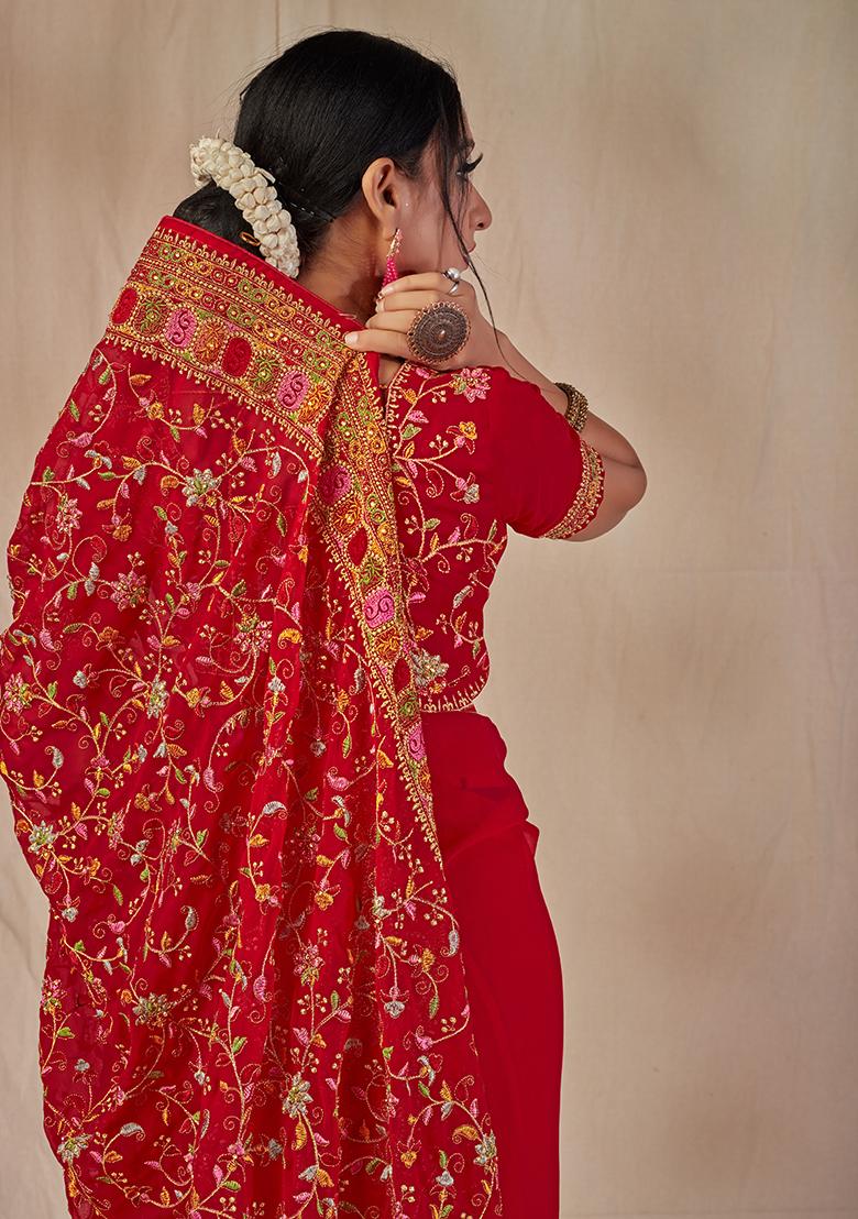 Red Embroidered Georgette Saree Set