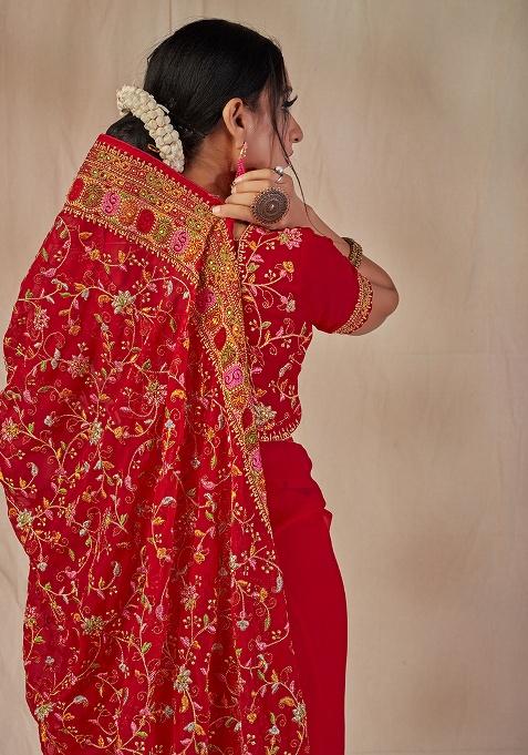 Red Embroidered Georgette Saree Set
