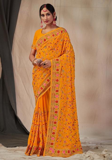 Mustard Embroidered Georgette Saree Set